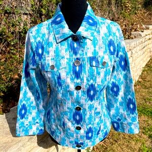 Chico’s, blue, white & turquoise, Jacket, Size 0